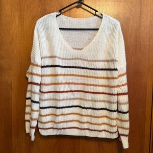 Cream Striped Vneck Knit Sweater Medium